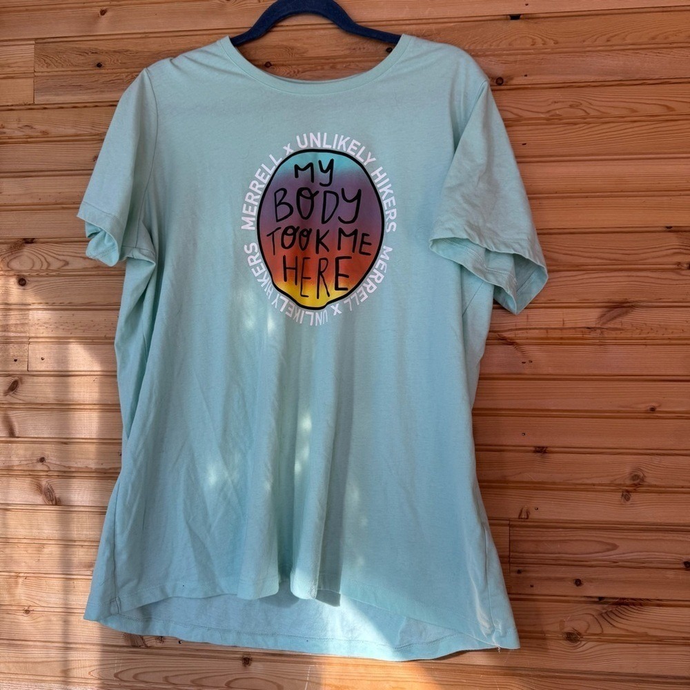 Merrell X Unlikely Hikers T-Shirt Aqua 2X Adventure Outdoor Comfy Inclusive Hike